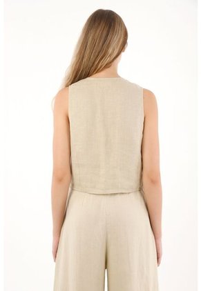 Chaleco En 100% Lino Con Escote Curvo Café Para Mujer