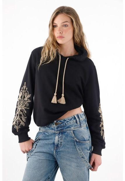 Buzo Amplio Con Cordón Y Bordados Negro Para Mujer