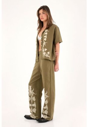 Camisa Tipo Bowling Con Detalles Imitación Bordado Para Mujer