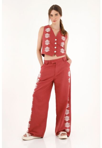 Tennis Pantalón Recto Con Manualidad Rojo Para Mujer