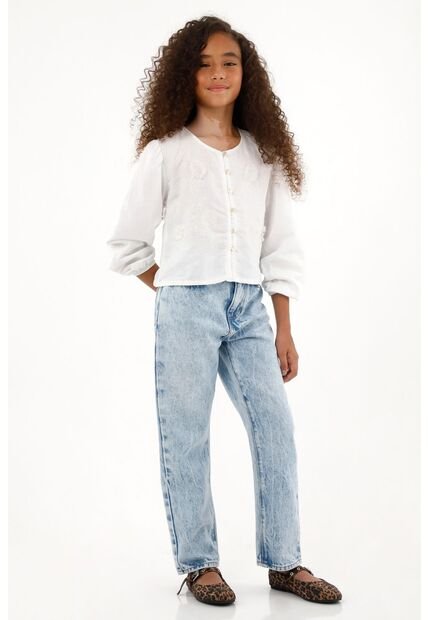Camisa Blanca De Manga Larga Con Volumen Para Niña
