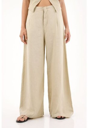 Pantalón Wide Leg En 100% Lino Café Para Mujer