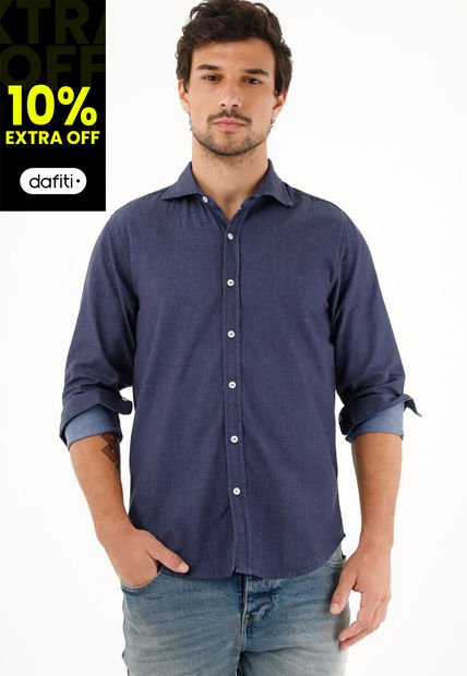 Camisa Azul Oscura Regular Fit Preteñida Para Hombre
