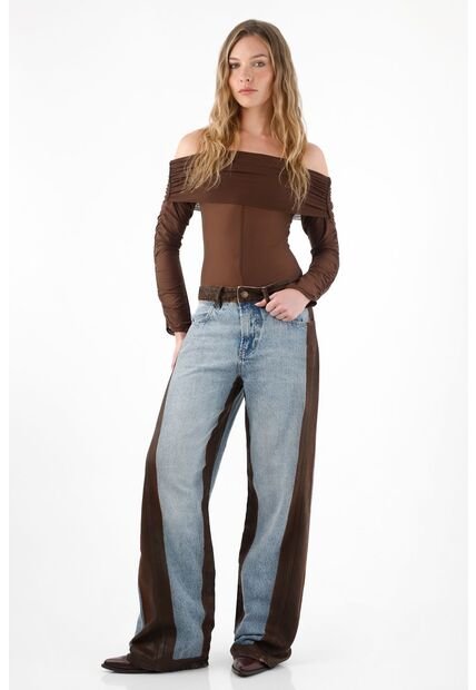 Tennis Jean Wide Leg Con Bloques En Efecto Cuero Para Mujer