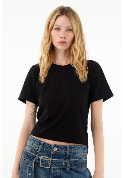 Tennis Camiseta Negra Manga Corta Ajustada Para Mujer