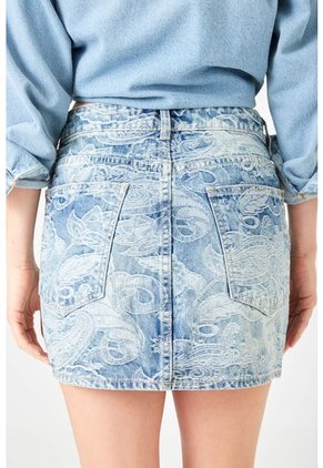 Tennis Falda Mini Recta Con Estampado Desgastado En Denim De Algodón Azul Para Mujer