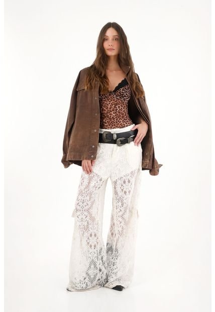 Pantalón Wide Leg Crudo En Encaje Para Mujer