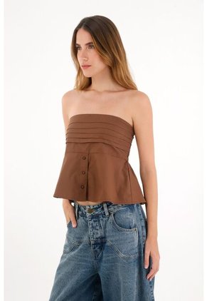 Tennis Camisa Strapless De Botones Café Para Mujer