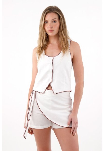 Tennis Chaleco En Apariencia Lino Con Escote Profundo Blanco Para Mujer