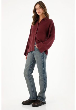 Camisa En 100% Lino Manga Larga Roja Para Mujer