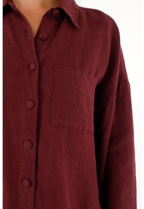 Camisa En 100% Lino Manga Larga Roja Para Mujer