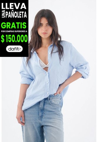Tennis Camisa Para Mujer Lino Azul Fit Relajado Con Botones Tennis