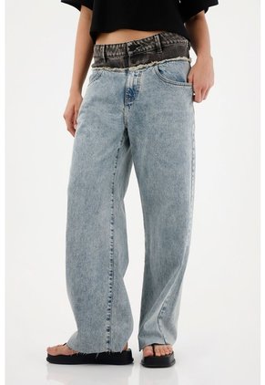 Tennis Jean Wide Leg De Tiro Alto Con Pretina En Contraste Para Mujer