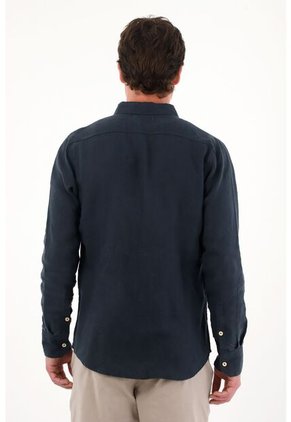 Tennis Camisa En 100% Lino Manga Larga Azul Para Hombre