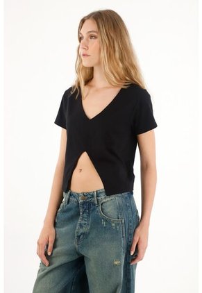 Tennis Camiseta Manga Corta Con Abertura En Delantero Negra Para Mujer