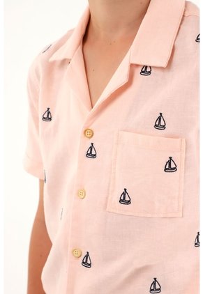 Camisa Tipo Bowling Rosada Con Bordado De Veleros Para Niño