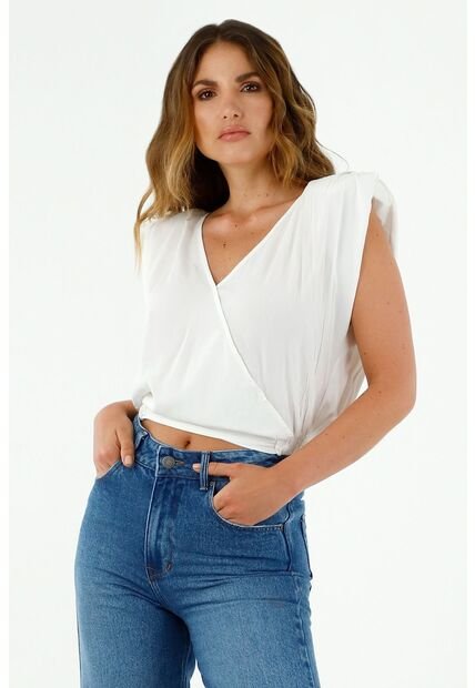 Camisa Oversized Crop De Mujer Con Hombreras, Color Blanco.