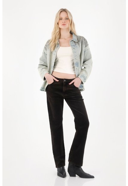 Tennis Jean Recto En Corduroy Con Efecto Vintage Negro Para Mujer
