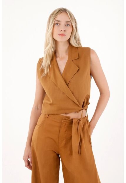 Tennis Chaleco Con Cuello De Solapas Café Para Mujer