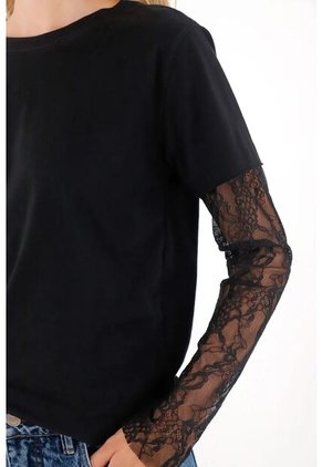 Tennis Camiseta Doble Manga Con Encaje Negra Para Mujer