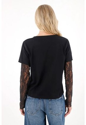 Tennis Camiseta Doble Manga Con Encaje Negra Para Mujer