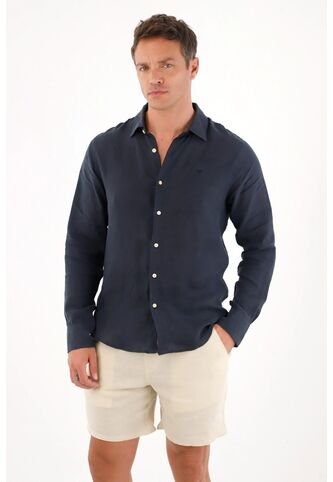 Tennis Camisa En 100% Lino Manga Larga Azul Para Hombre Tennis