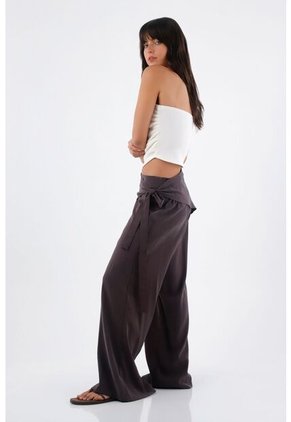Tennis Pantalón Para Mujer De Tejido Fluido Marrón Palazzo Con Cintura Cruzada