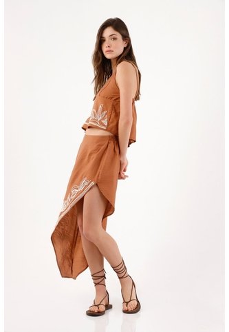 Tennis Falda Larga Fit Fluido Con Ruedo Asimétrico Bordado En Terracota Para Mujer Tennis