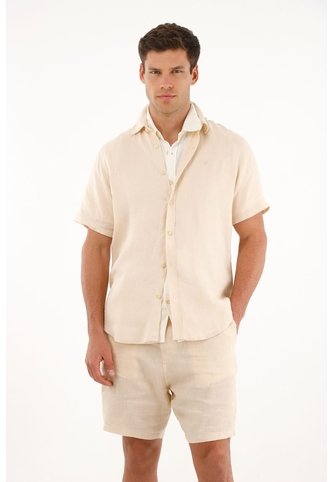 Camisa Manga Corta En 100% Lino Crudo Para Hombre Tennis