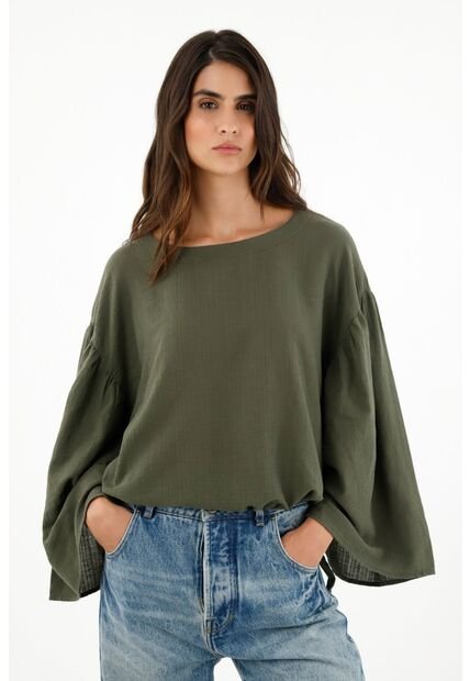 Camisa Verde Manga Larga Acampanada Para Mujer