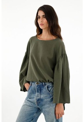 Camisa Verde Manga Larga Acampanada Para Mujer
