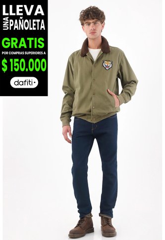 Tennis Chaqueta Tipo Bomber Para Hombre En Algodón Verde Oliva Fit Recto Con Parche De Tigre Tennis