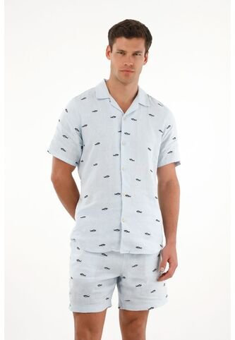Tennis Camisa Azul Con Bordado De Peces Para Hombre Tennis