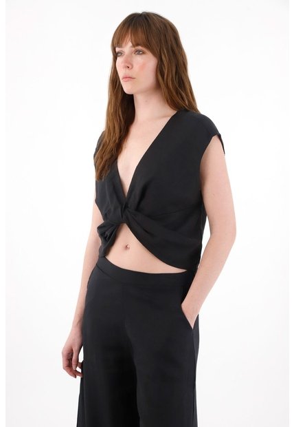 Tennis Camisa Amplia En Lino 100% Negra Para Mujer