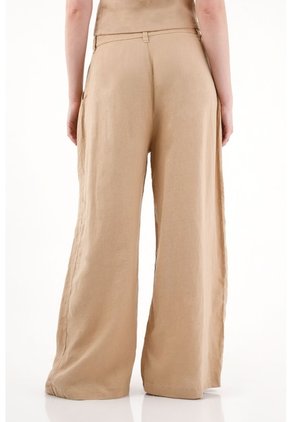 Tennis Pantalón Wide Leg En 100% Lino Con Tablas Crudo Para Mujer