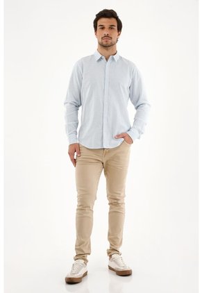Camisa Azul A Rayas Manga Larga Para Hombre