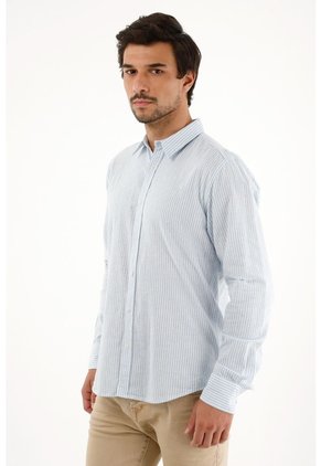 Camisa Azul A Rayas Manga Larga Para Hombre