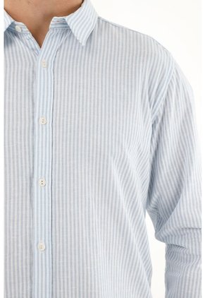 Camisa Azul A Rayas Manga Larga Para Hombre