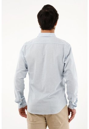 Camisa Azul A Rayas Manga Larga Para Hombre