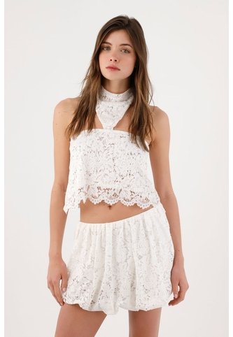 Tennis Falda Corta Fit Relajado Con Bajo Abullonado En Encaje Blanco Para Mujer Tennis