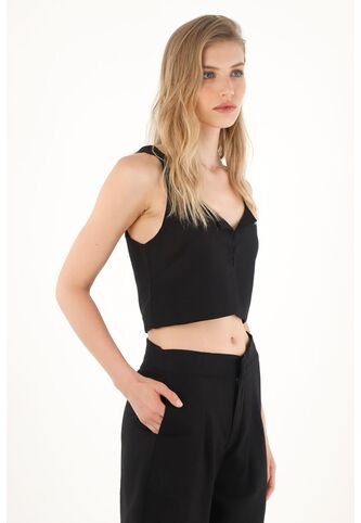 Tennis Camisa Crop En 100% Lino Negra Para Mujer Tennis