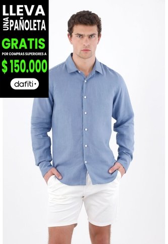 Tennis Camisa Regular Fit Con Botones Blancos En Lino Azul Para Hombre Tennis