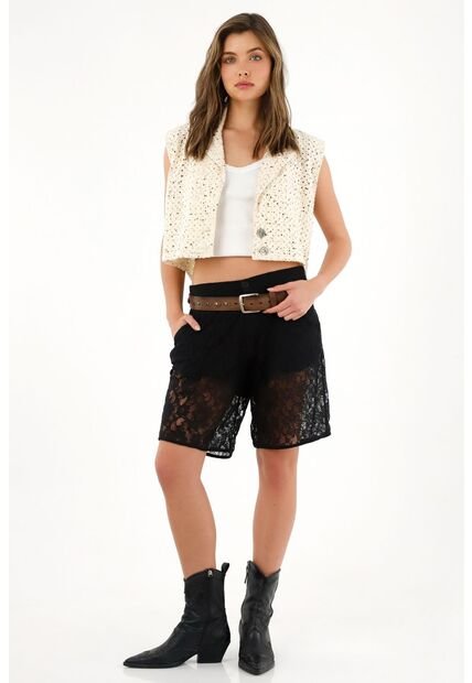 Tennis Bermuda Larga Negra En Encaje Para Mujer
