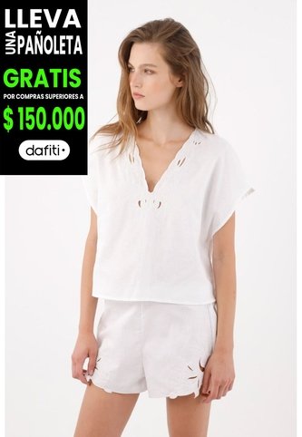 Tennis Camisa Relajada Con Escote V Calado De Algodón Blanco Para Mujer Tennis