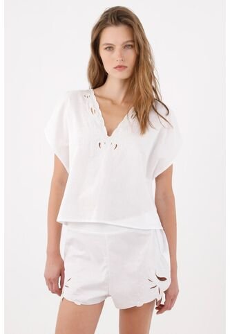 Tennis Bermuda Tradicional Con Borde Calado Floral En Algodón Blanco Para Mujer Tennis