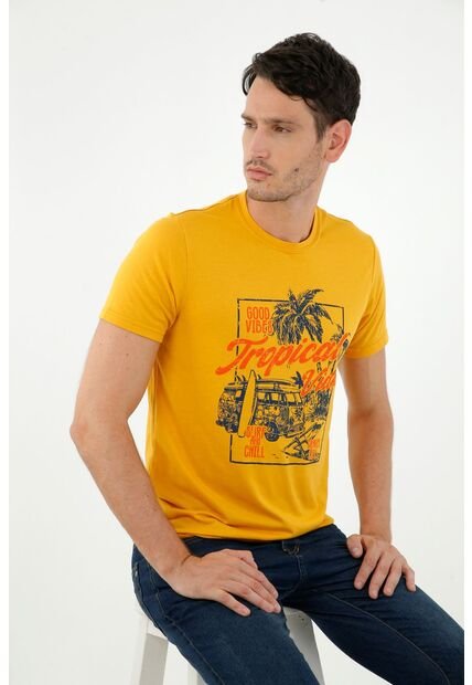 Camiseta De Hombre, Cuello Redondo Manga Corta, Con Estampado Tropical Vides, Color Amarillo
