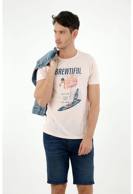 Camiseta De Hombre, Cuello Redondo Manga Corta, Con Estampado De Flamingo