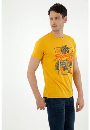 Camiseta De Hombre, Cuello Redondo Manga Corta, Con Estampado Tropical Vides, Color Amarillo