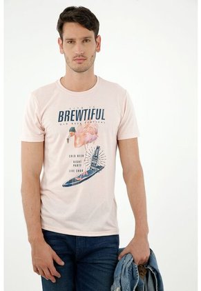 Camiseta De Hombre, Cuello Redondo Manga Corta, Con Estampado De Flamingo