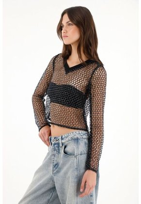 Tennis Camiseta Crop En Malla Negra Para Mujer